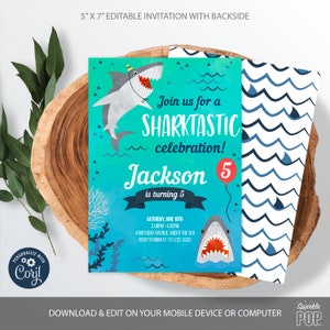 Editable Shark Birthday Invitation, Baby Shark Party, Printable Invite, Watercolor Shark, Printable Template, Corjl, INSTANT DOWNLOAD, 0015