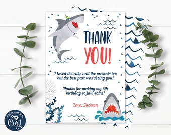 Shark Birthday Thank You Card, Baby Shark Party, Printable Template, Corjl, INSTANT DOWNLOAD, 0015