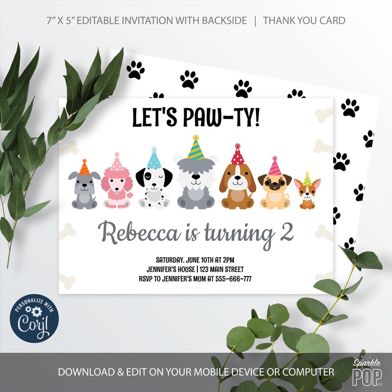 Dog Birthday Invitation Puppy Party Editable Invitation Etsy