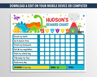 Editable Dinosaur Reward Chart, T-rex Routine Chart, Kids Chore Chart, Instant Download