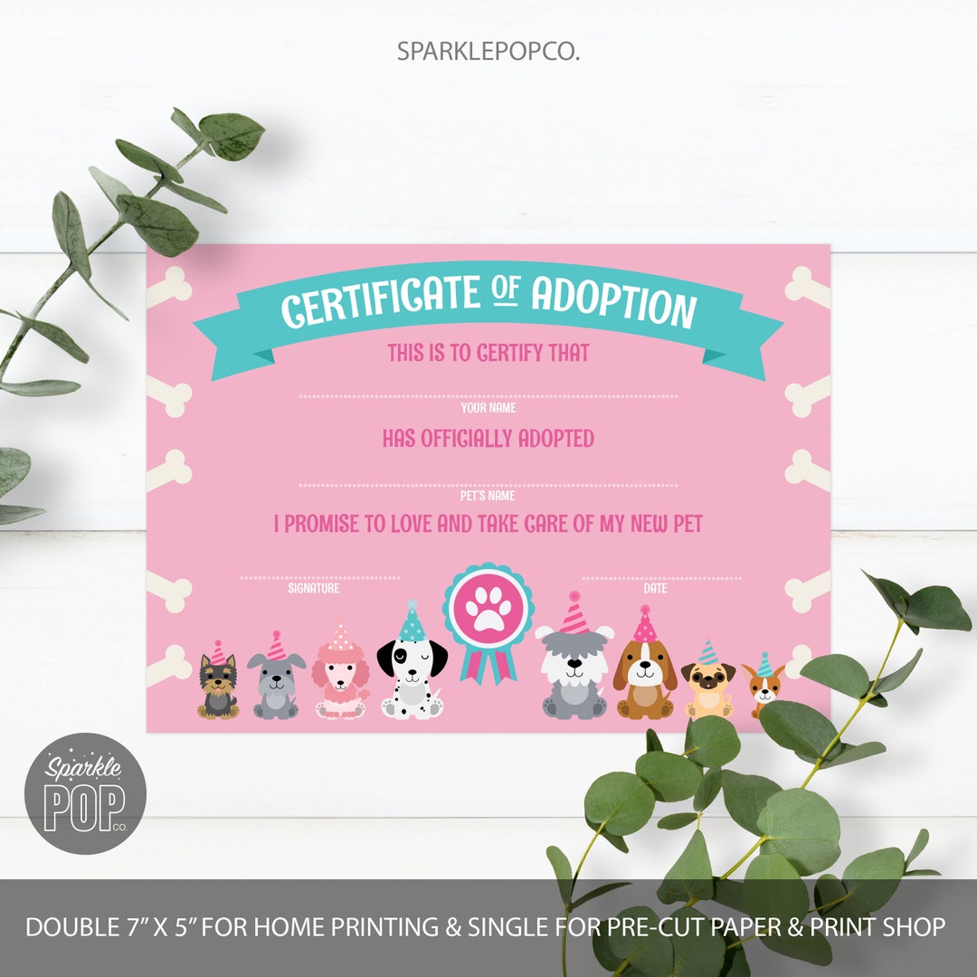 Puppy Adoption Certificate Pink Puppy Birthday Party Adopt a Pet ...