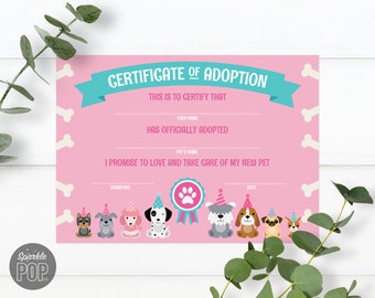 Puppy Adoption Certificate Pink Puppy Birthday Party Adopt a Pet Printable Adopt a Pet Certificate INSTANT DOWNLOAD 0003
