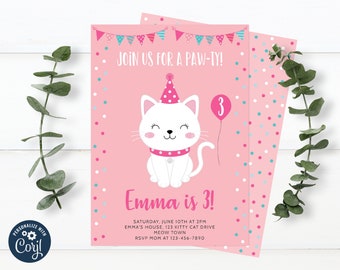 Kitten Birthday Invitation Cat Invitation Kitty Cat Paw-ty Birthday Party Pawty Invite Editable Corjl INSTANT DOWNLOAD 0027