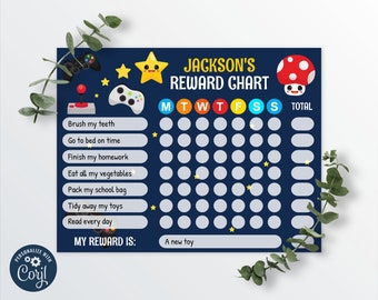May include: A blue and white printable reward chart for kids with a video game theme. The chart has a space for a child's name, a list of chores, and a grid for tracking progress. The chart also includes a space for a reward.