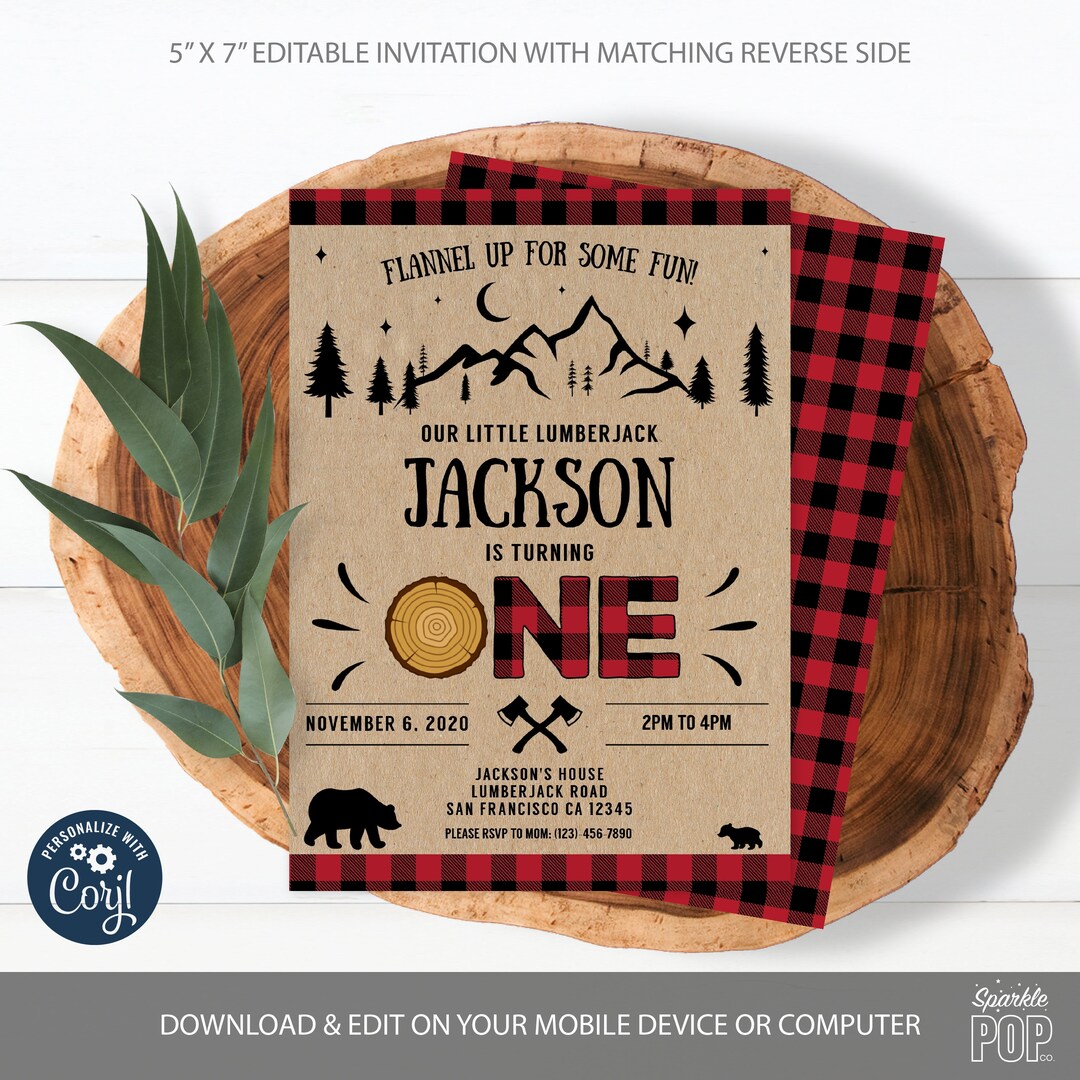 Editable Lumberjack Birthday Invitation 1st First Birthday Red Black Plaid Rustic Woodland Bear ...