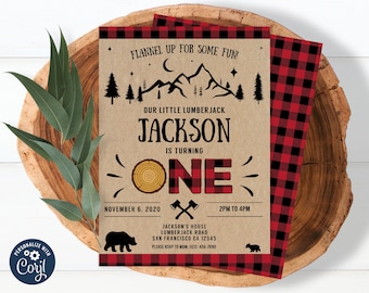 Editable Lumberjack Birthday Invitation 1st First Birthday Red Black Plaid Rustic Woodland Bear Forest, Printable Instant Download 0009