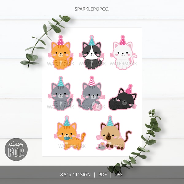Cat Cupcake Toppers Kitten Kitty Cat Printable Toppers Cat Stickers INSTANT DOWNLOAD 0027
