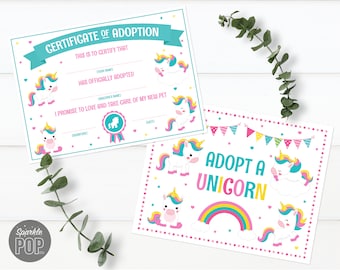 Adopt a Unicorn Certificate and Sign Unicorn Adoption Certificate Unicorn Birthday Party Decor Download Printable INSTANT DOWNLOAD 0033