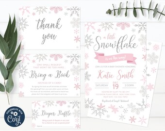 REDIGERBAR Snöflinga Baby Shower-inbjudningsset Rosa vinter En liten snöflinga är på väg Bok för blöjlotteri Direktnedladdning 0030