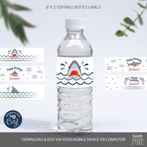 Shark Water Bottle Labels, Editable Shark Bottle Labels, Boy Shark Birthday, Printable Template, Corjl, INSTANT DOWNLOAD, 0015