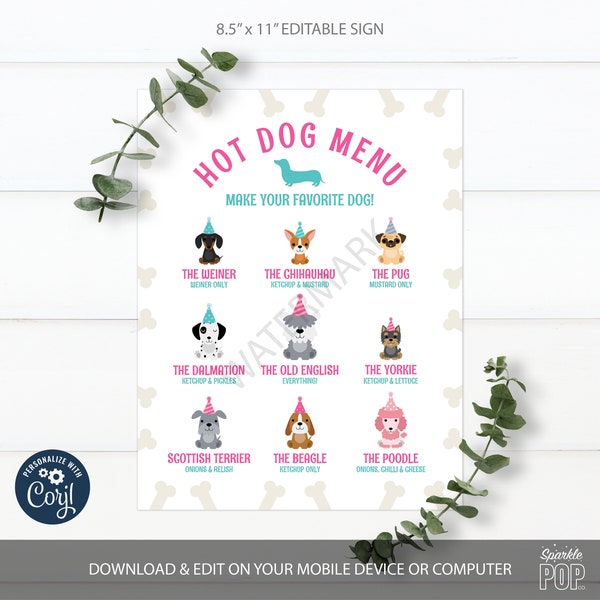 Editable Puppy Hot Dog Bar Menu Sign Printable Puppy Birthday Party Sign Pet Decorations Corjl INSTANT DOWNLOAD 0003