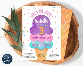 Editable Ice Cream Birthday Invitation, First Birthday Party, Here's The Scoop Ice Cream Cone, Printable, Instant download 0012