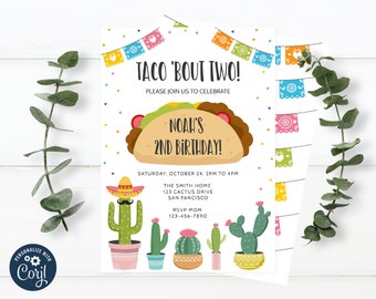 May include: A printable 5x7 inch invitation for a child's second birthday party. The invitation features a colorful taco with the text "Taco 'Bout Two!" and "Noah's 2nd Birthday!" The invitation also includes a colorful cactus and sombrero graphic.