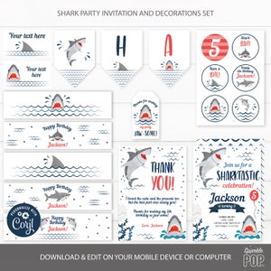 Shark Birthday Decorations, Editable Shark Decorations, Shark Favor Tags Bottle Labels Cupcake Toppers, Template Corjl lNSTANT DOWNLOAD 0015