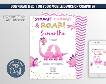 Dinosaur Invitation, Pink Dinosaur Birthday Party Printable, Editable Digital Invitation
