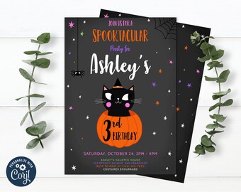 Halloween Cat Invitation Witches Cat Spooky Halloween Invite Kids Spooktacular Witch Hat Instant Download 0018