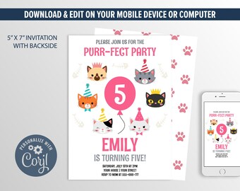 Cat Invitation, Kitten Birthday Invitation, Kitty Party Editable Invitation
