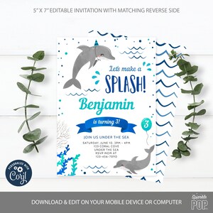Bearbeitbare Delfin-Geburtstags-Einladung Unter dem Meer Einladen Delfin-Party-Ozean-Einladung DIGITALE Vorlage Corjl SOFORTIGER DOWNLOAD, 0026