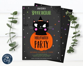 Editable Halloween Witches Cat Invitation Spooky Halloween Party Invite Kids Spooktacular Witch Hat Instant Download 0018