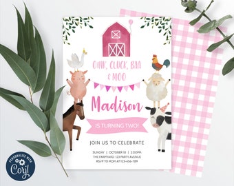 Editable Farm Birthday Invitation, Pink Barnyard Animals, Stacked Farm Animals, INSTANT DOWNLOAD 0007