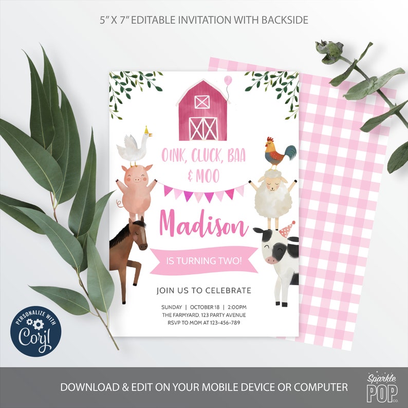 Editable Farm Birthday Invitation, Pink Barnyard Animals, Stacked Farm Animals, INSTANT DOWNLOAD 0007 image 1