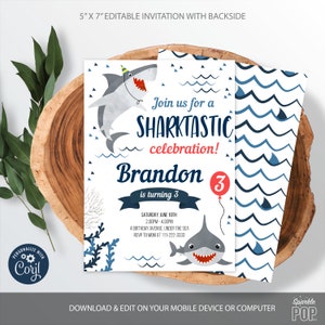 Bewerkbare Shark verjaardagsuitnodiging, Baby Shark Party, afdrukbare uitnodiging, Sharktastic, afdrukbare sjabloon, Corjl, INSTANT DOWNLOAD, 0015