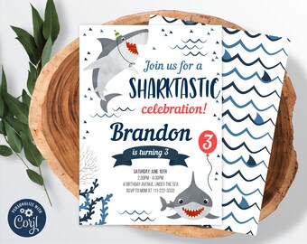 Editable Shark Birthday Invitation, Baby Shark Party, Printable Invite, Sharktastic, Printable Template, Corjl, INSTANT DOWNLOAD, 0015