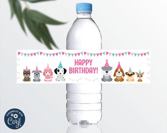 May include: Editable water bottle label with a white background and a pink, blue, and teal bunting. The label features a variety of cartoon dogs wearing party hats and the text "Happy Birthday!" in pink and blue letters.