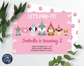 犬の誕生日招待状、ピンクの子犬のパーティーの編集可能な招待状、即時ダウンロード 0003