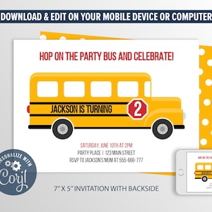 School Bus Invitation, Editable Birthday Invitation