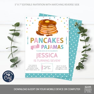 Editable Pancakes and Pajamas Invitation, Sleepover Birthday Party, Girls Slumber Party, Printable, Instant download 0013
