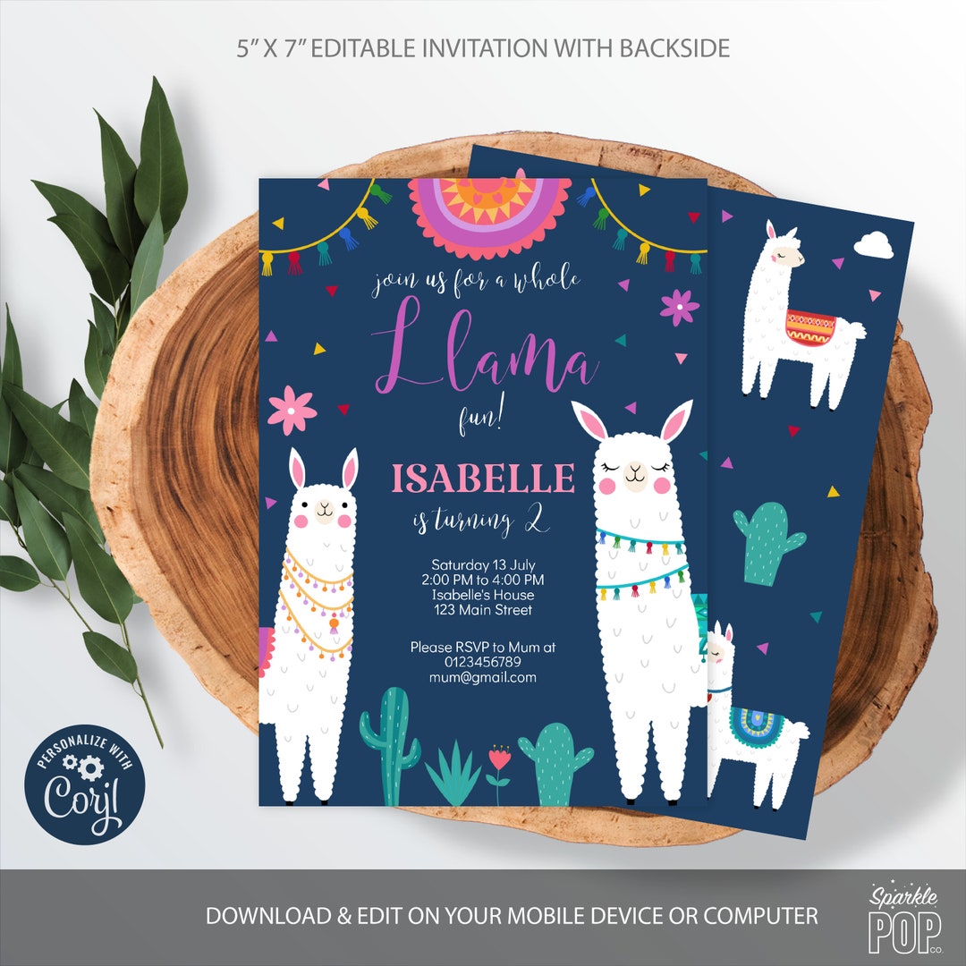 Llama Invitation, Llama Birthday Party Printable, Editable Invitation ...