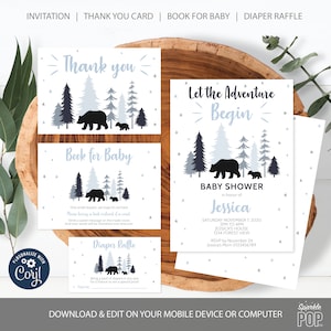 L'aventure modifiable commence ensemble de douche de bébé, billet de tombola de couches, livre pour bébé, carte de remerciement, silhouette d'ours noir, téléchargement immédiat 0008