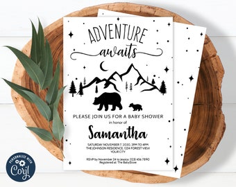 Adventure Awaits Baby Shower Invitation, Rustic Forest and Mountain Invite, Gender Neutral, Minimal, Modern, INSTANT DOWNLOAD 0008