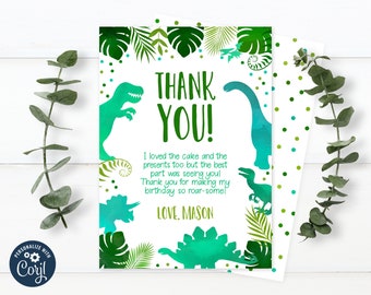 May include: Editable 5x7 inch thank you card with a dinosaur theme. The card features a green and blue watercolor dinosaur design with green leaves and gold polka dots. The text on the card reads "Thank You! I loved the cake and the presents too but the best part was seeing you! Thank you for making my birthday so roar-some! Love, Mason".