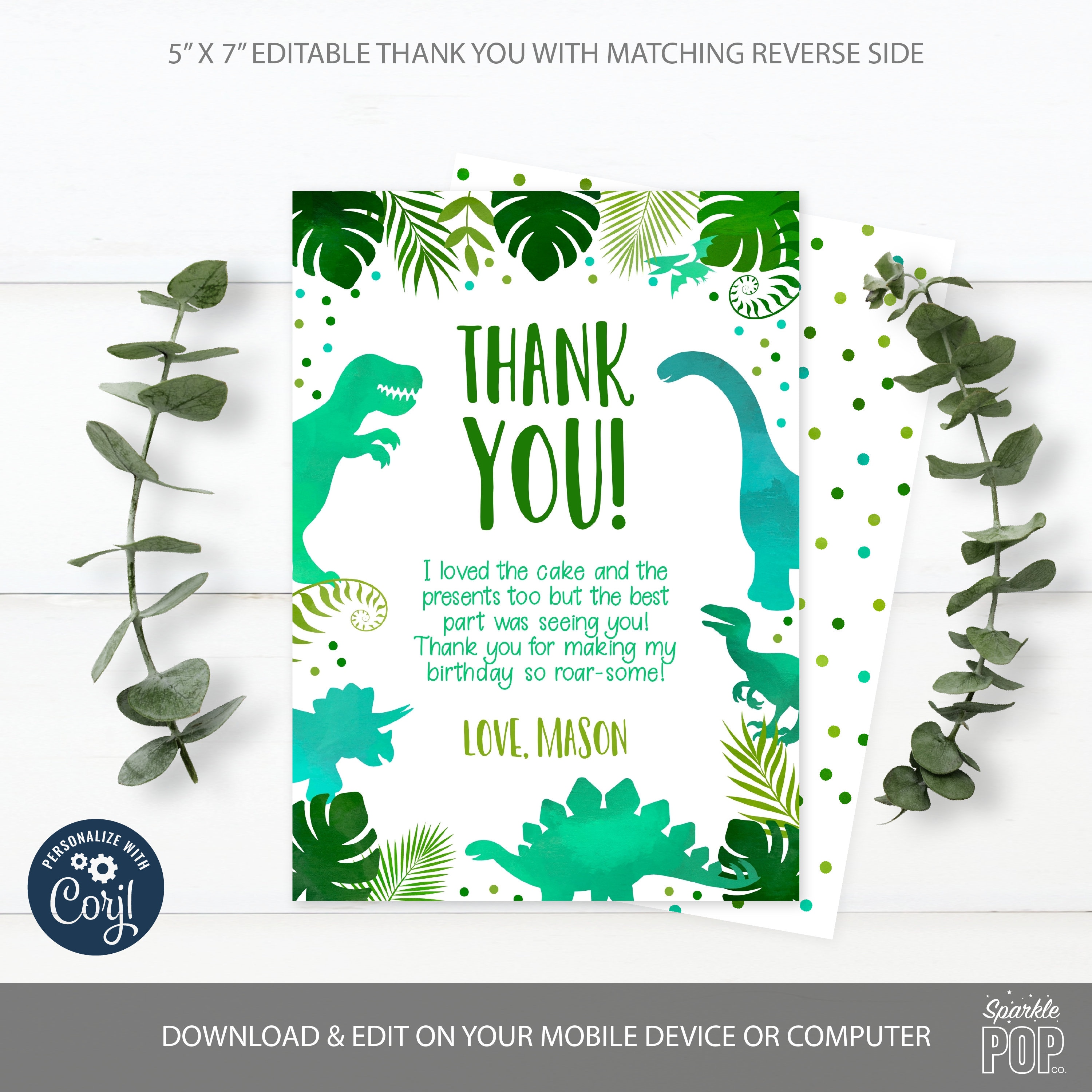 Editable Dinosaur Thank You Card T Rex Birthday Party Etsy