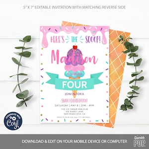 Editable Ice Cream Invitation, Ice Cream Birthday Invitation, Here&#39;s The Scoop Ice Cream Cone, Printable, Instant download 0012