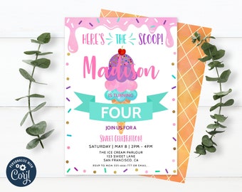 Editable Ice Cream Invitation, Ice Cream Birthday Invitation, Here's The Scoop Ice Cream Cone, Printable, Instant download 0012