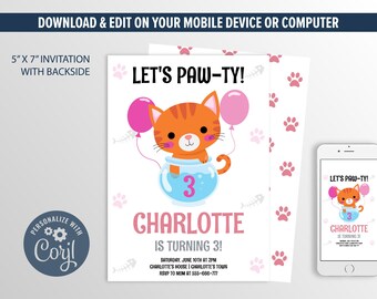 Cat Invitation, Kitten Birthday Invitation, Kitty Party Editable Invitation