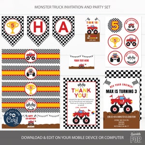EDITABLE Monster Truck Birthday Set Monster Truck Decor Signs Tags Banner Party Supplies Monster Truck Theme Corjl lNSTANT DOWNLOAD 0006