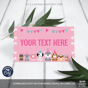 Editable Puppy Food Labels Pink Dog Place Card, Adopt a Puppy Tent Card Puppy Birthday Party Decorations Baby Shower INSTANT DOWNLOAD 0003