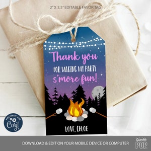 S&#39;mores Birthday Favor Tag Girl Camping Party Thank You Tag Smore Campfire Gift Tags Editable Thank You Corjl lNSTANT DOWNLOAD 0032