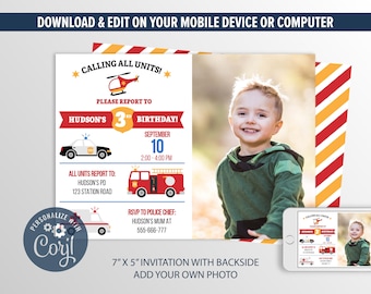 Emergency Vehicles Invitation with Photo, Police Car, Fire Truck, Ambulance, Rescue Squad