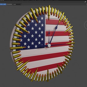 May include: A round clock with a red, white, and blue American flag design. The clock face is surrounded by a ring of gold-colored bullets.