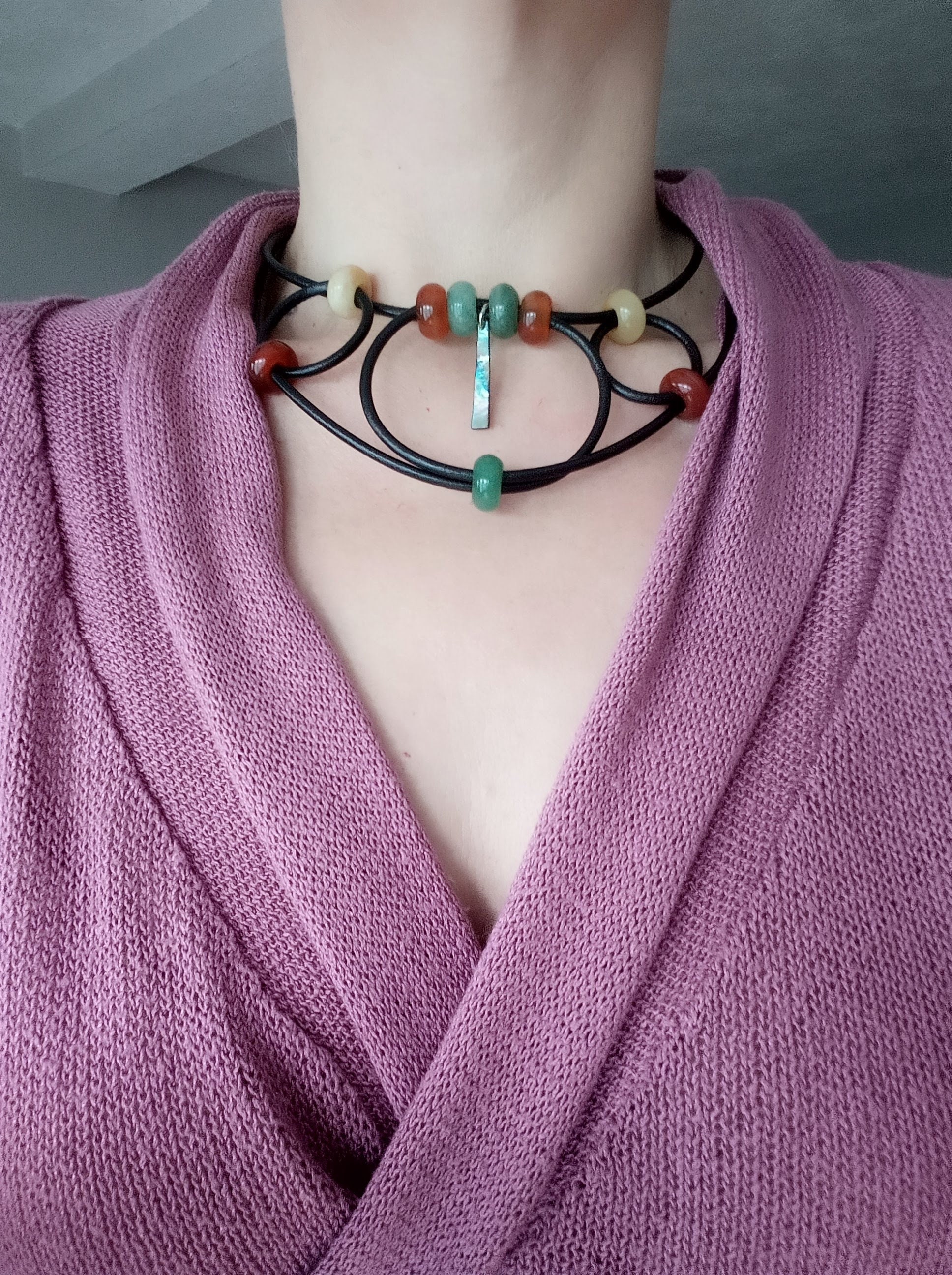 Leather necklace/Gemstone/Stainless steel/Healing Etsy