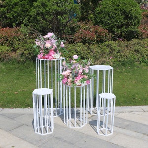 Hexagon White Metal Cylinders Pedestal Display Flower Wedding Props Background Party Birthday Decoration Home Celebration
