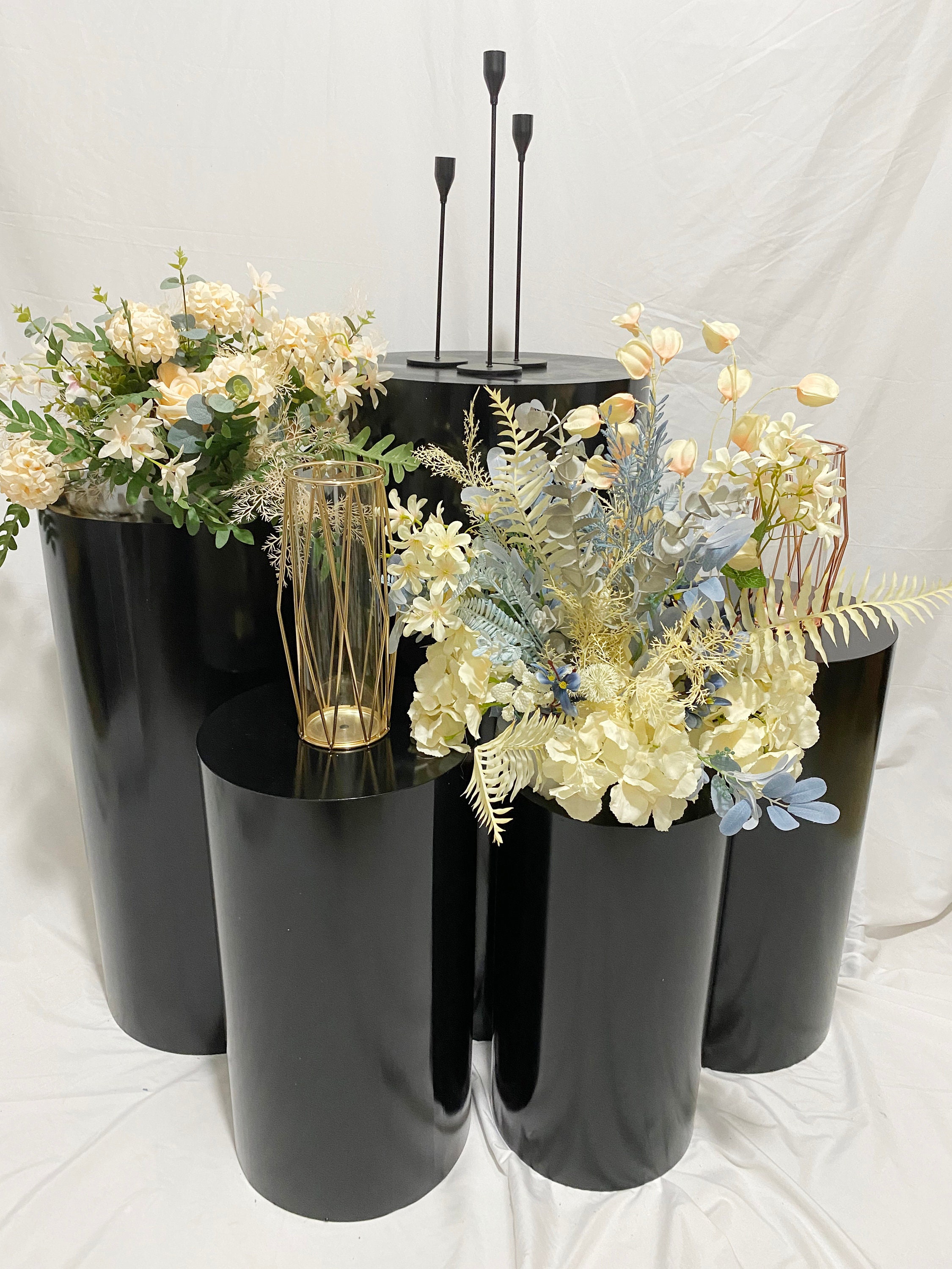Large Round White Metal Cylinders Pedestal Display Flower Etsy