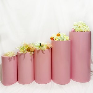 5pcs Large Round Glossy Pink Metal Cylinders Pedestal Display Flower Wedding Props Background Party Birthday Decoration Home Celebration