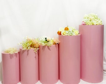 5 Pink Metal Cylinder Pedestal Stands: Wedding Party Decor
