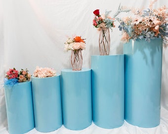 5pcs Glossy Blue Metal Cylinder Pedestal Set: Wedding Party Decor